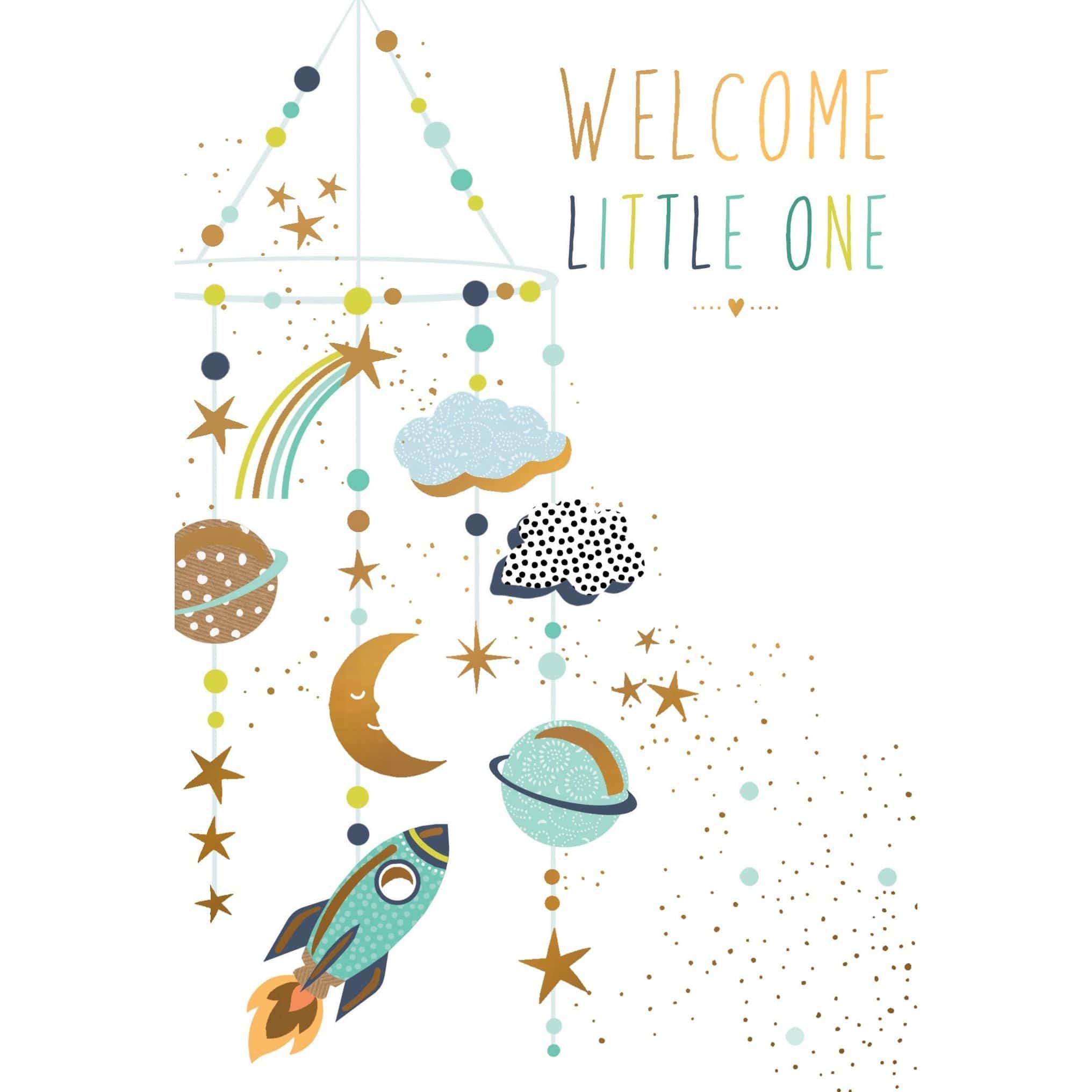 Pictura Sara Miller mobile baby boy card from the Everyday Cards collection, featuring colorful, whimsical baby-themed illustrations.